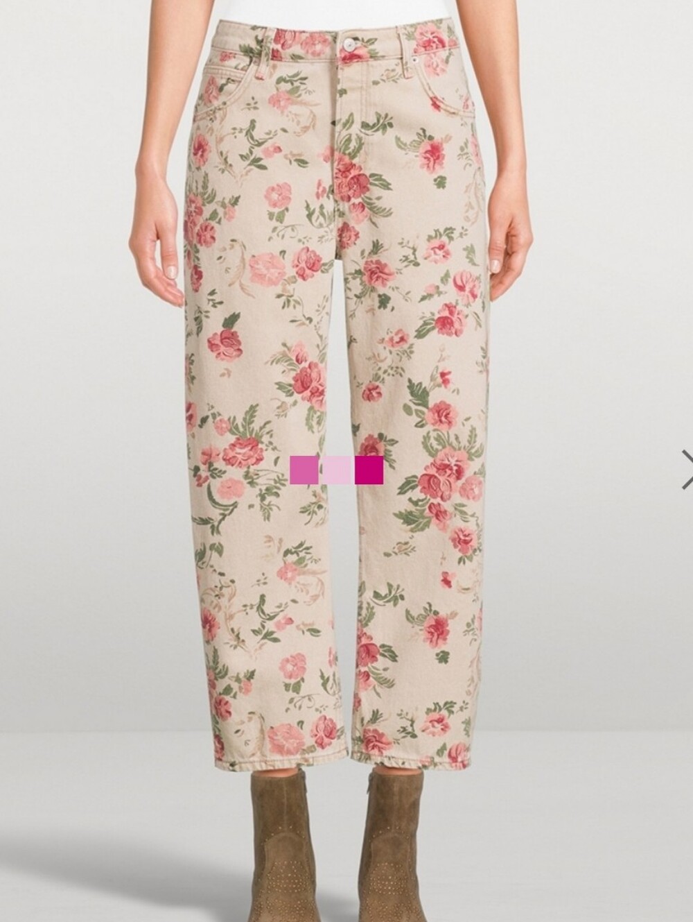 Free People Cream Floral Wide-Leg Pants with Pink Roses